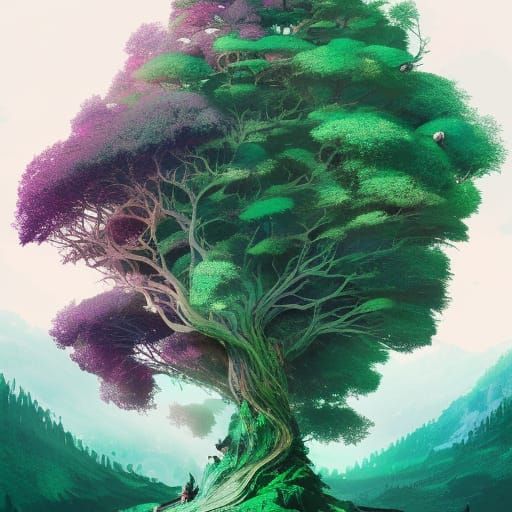 Green and Magenta Tree on Mountain Landscape
