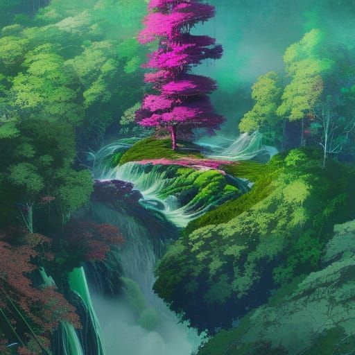 Green and Magenta Tree Overlooking Mountain Lake