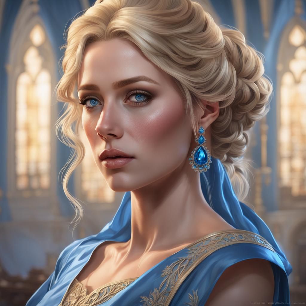 Elegant Blonde Woman in Blue Gown Portrait