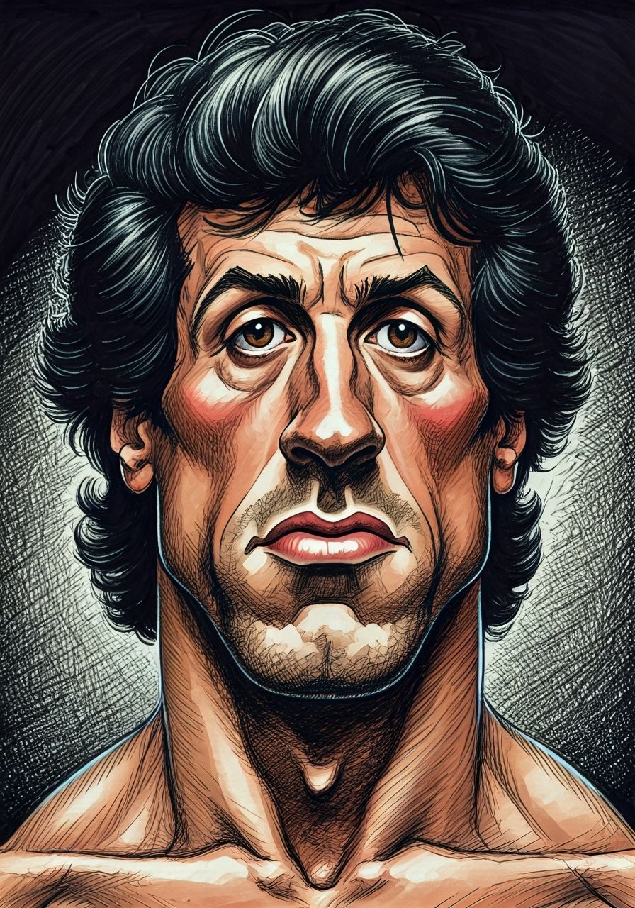 Close-Up Rocky Caricature in Pen and Ink Style