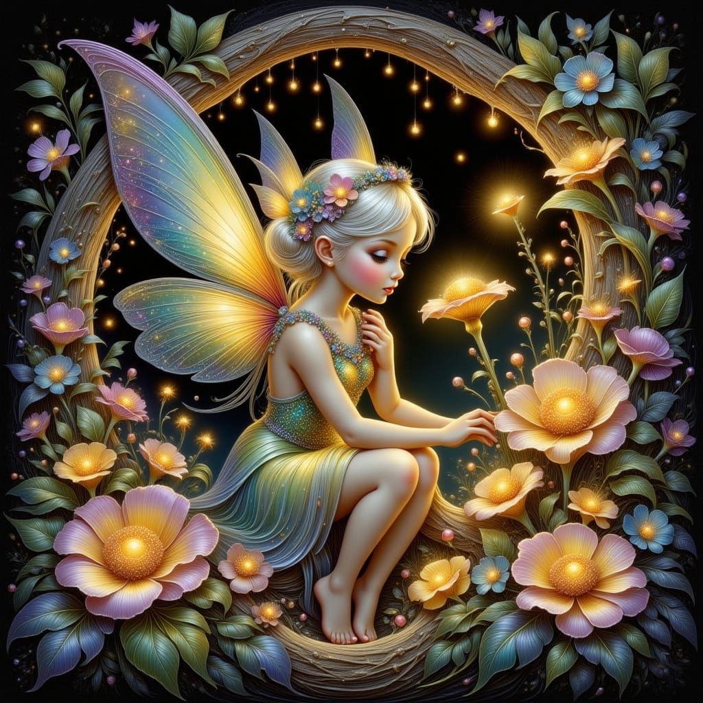 Iridescent Fairy Tending Glowing Mushrooms