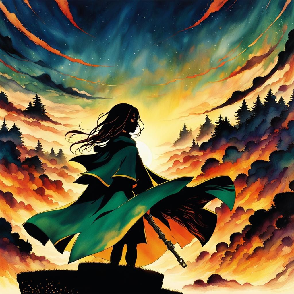 Anime Superheroine Key Visual in Watercolor Style