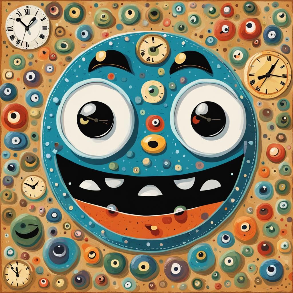 Whimsical Clock with Googly Eyes in Naive Art
