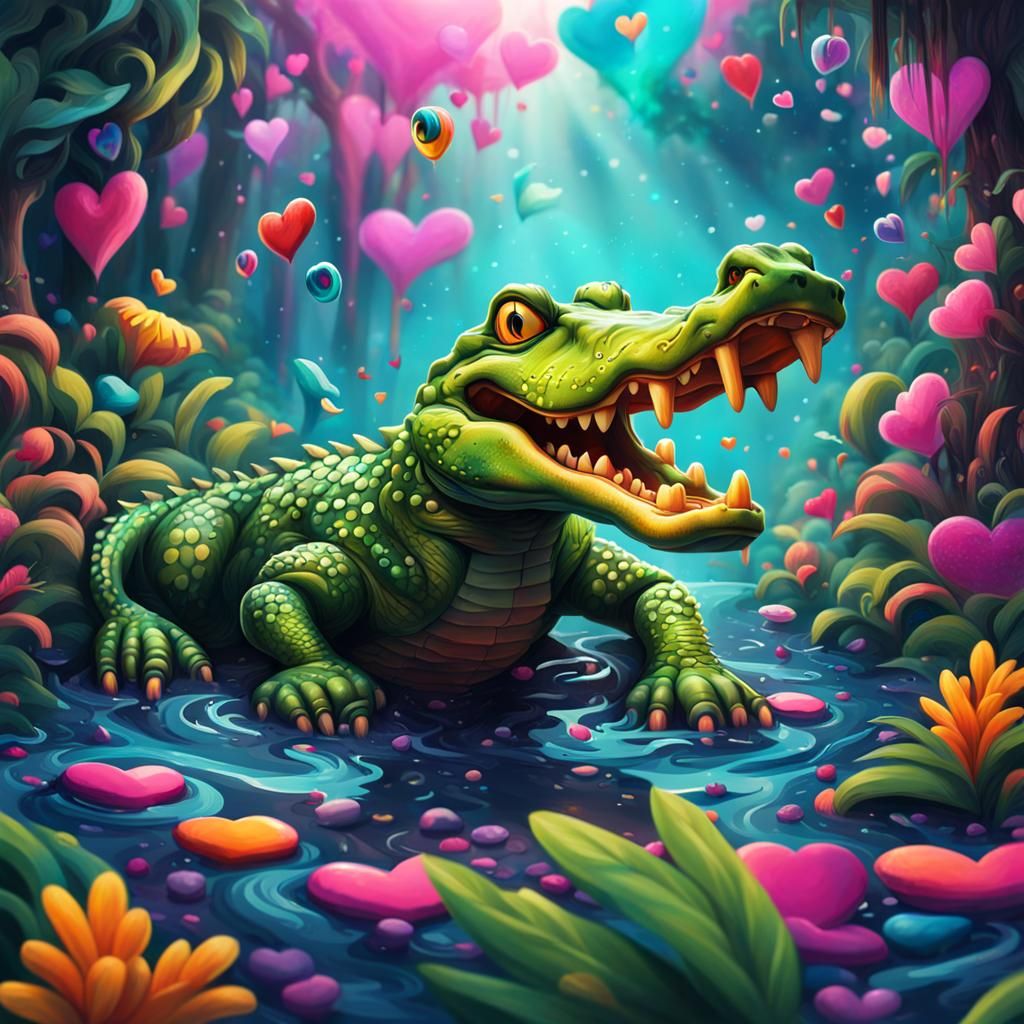 Alligator in Enchanted Forest with Psychedelic Hearts