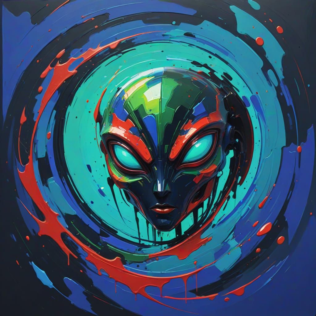 Vibrant Abstract Expressionism with Alien in Dark, Triadic C...