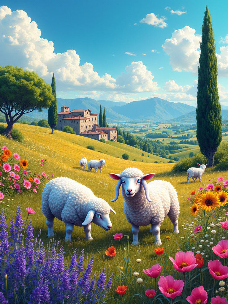 Italian Countryside with Futuristic Lambs in Abstract Style