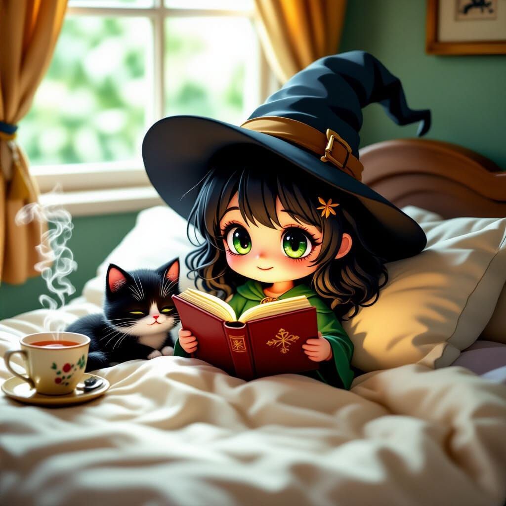 Chibi Witch Reading in Bed with Cat