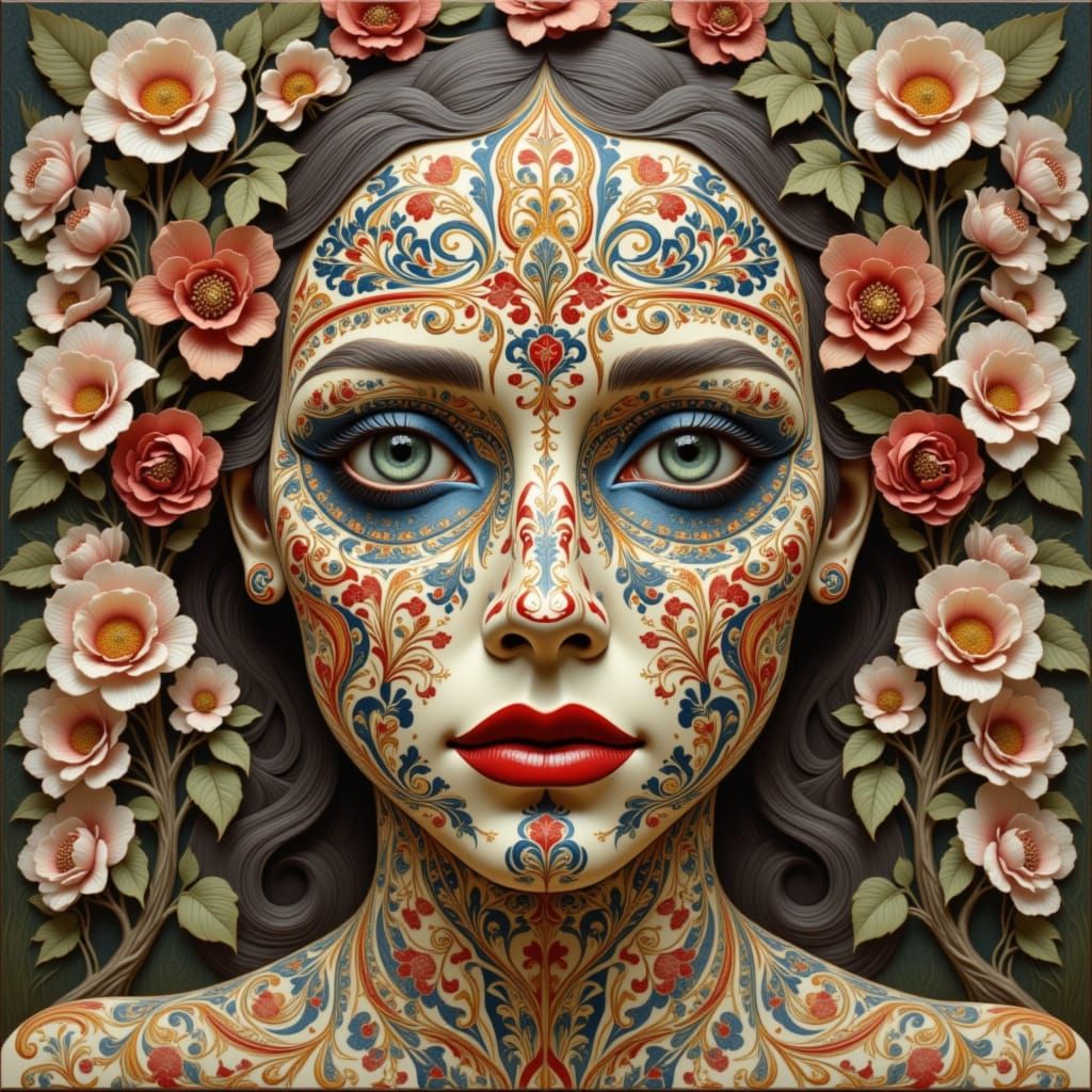 Primitive Naive Folk Art Nouveau Gingham Portrait