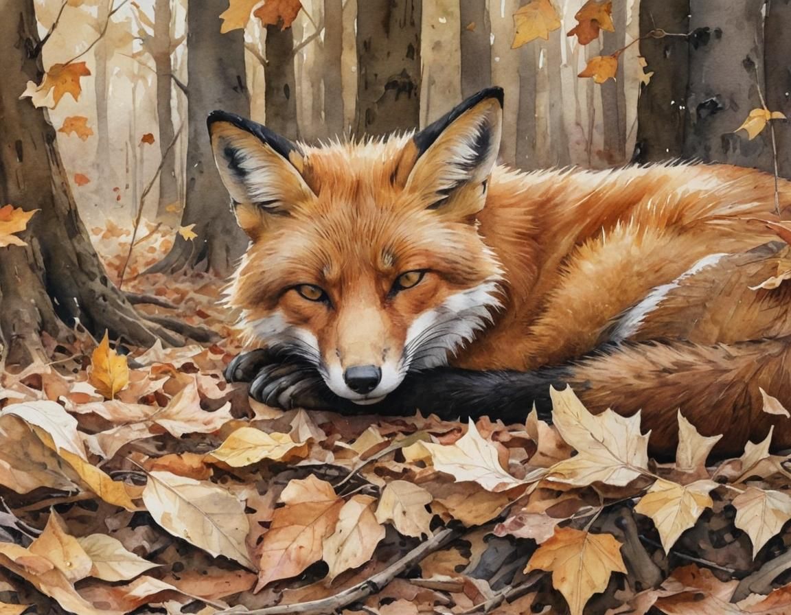 Fox Sleeping in Forest, Watercolor Painting