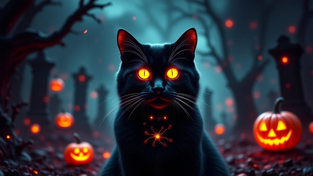 Mysterious Black Cat with Halloween Magic Aura