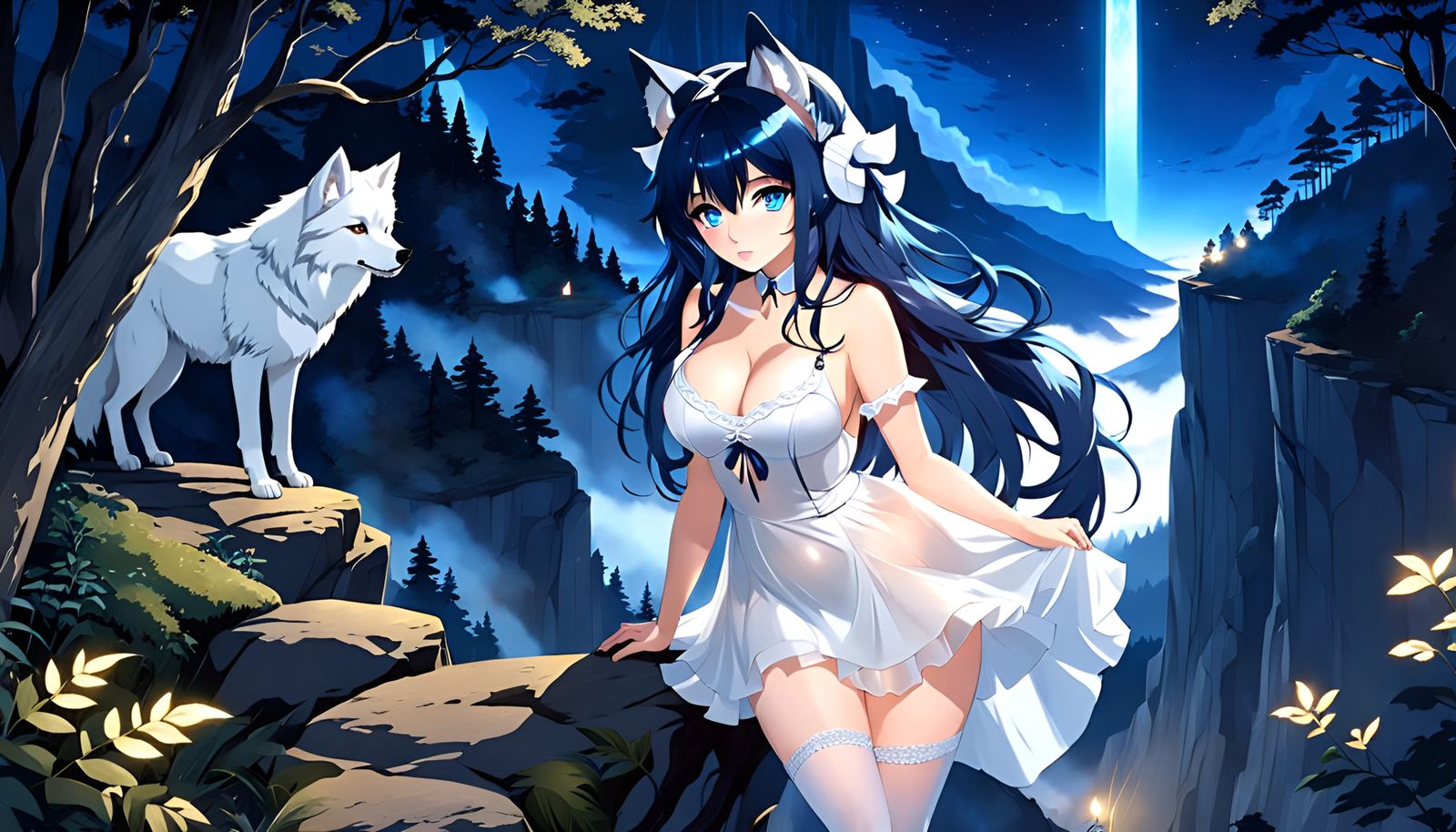 Anime Wolf Girl on Cliff at Night