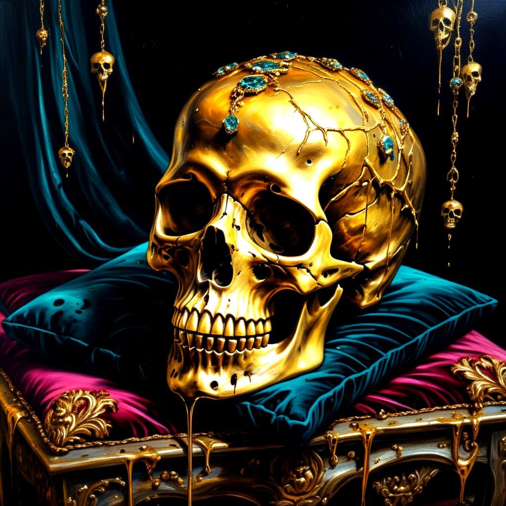 Surrealism oil painting. Close up. A skull rests on a velvet cushion. It is dripping with gold. Dramatic lighting highli...
