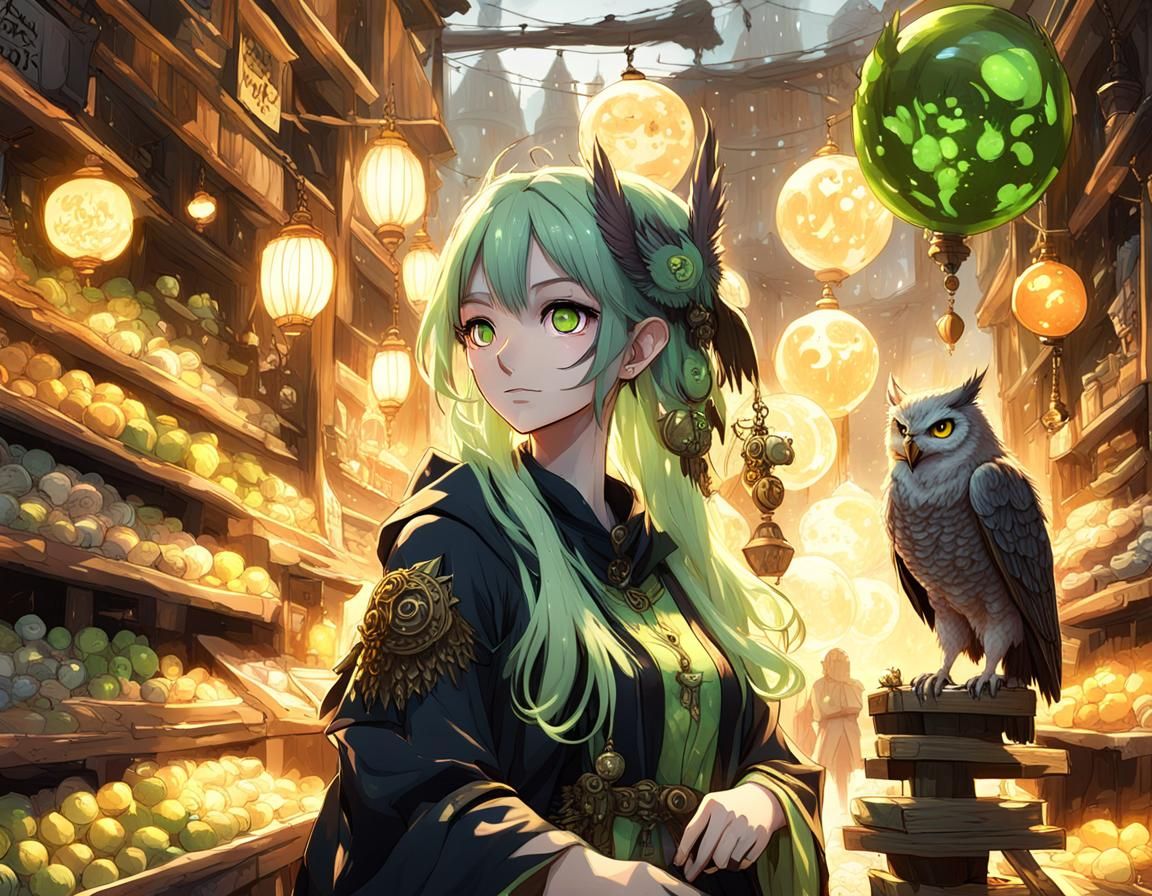 Anime Girl in Fantasy Market with Owl