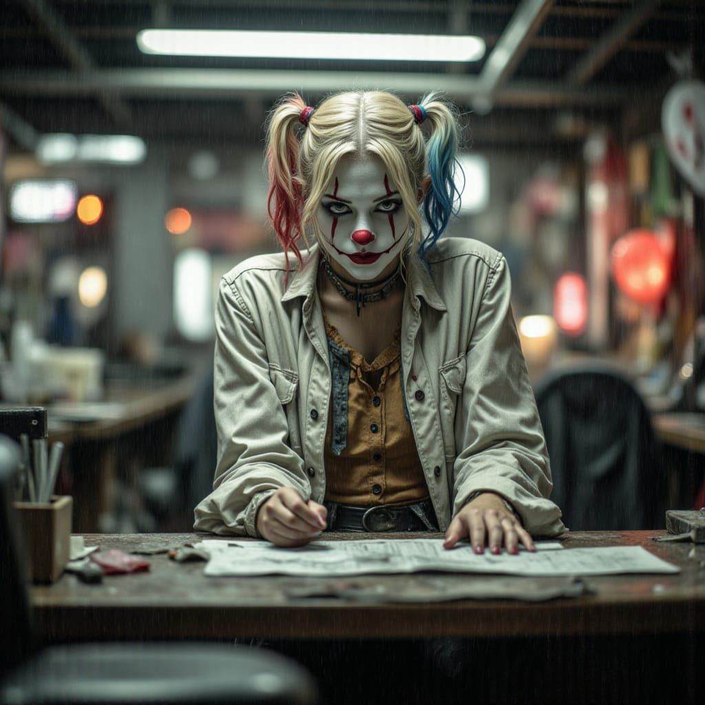 Harley Quinn in White Suit in NYC Office