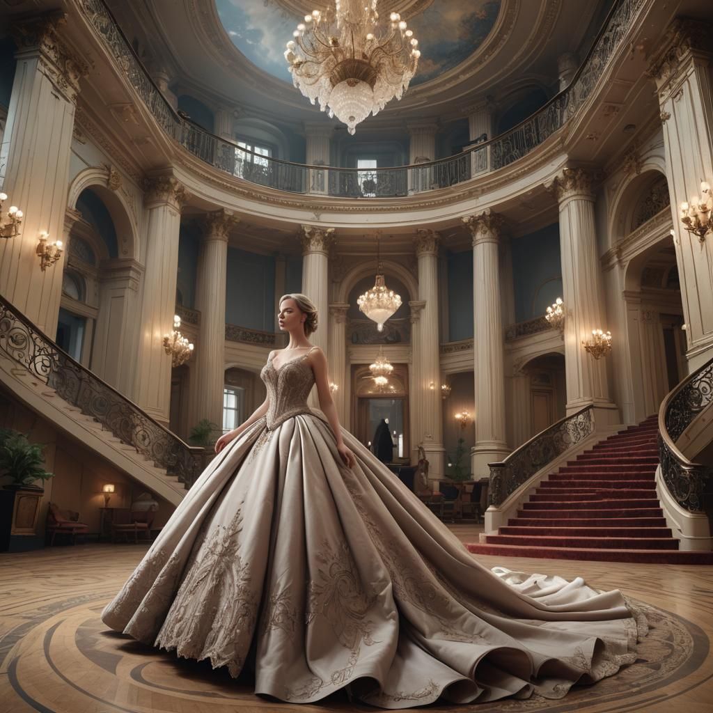 Majestic Woman in Ornate Ballroom, Digital Matte Painting