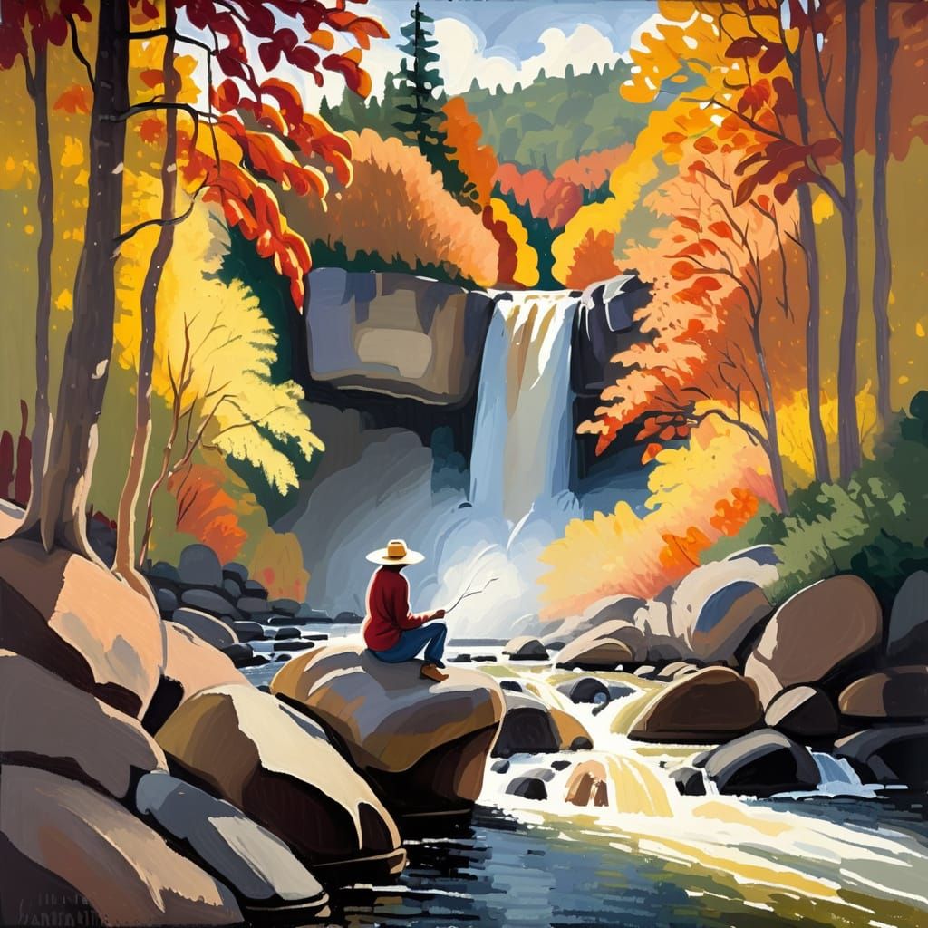 Artist Sketching Waterfall in Autumn Forest, Plein Air Style