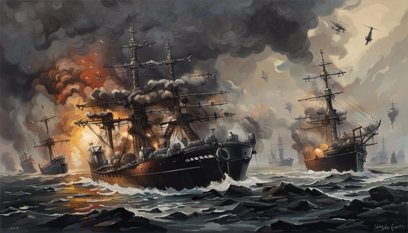 Ukraine Drone Strike on Russian Ships: Zombiecore Oil Painti...