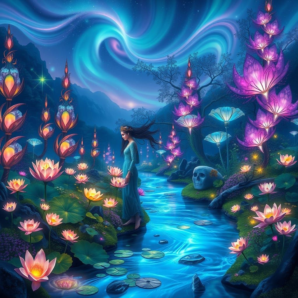 Ethereal Bioluminescent Garden Amidst Aurora Bloom