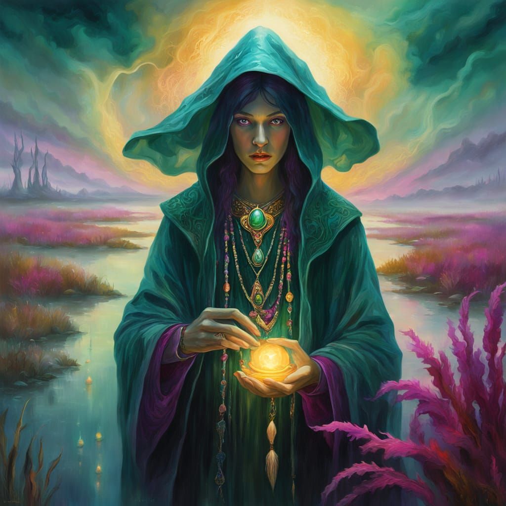Mysterious Mage in Marsh, Surreal Oil Painting