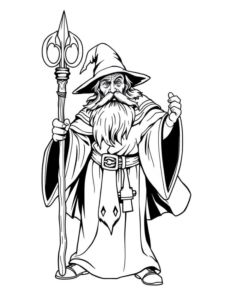 Old Wizard Line Art Illustration in 1980s Style