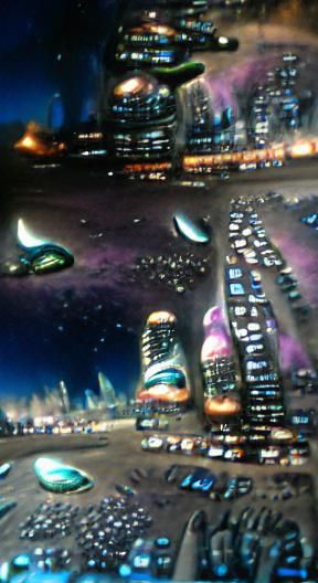 Busy City Skyscrapers at Night with Planets