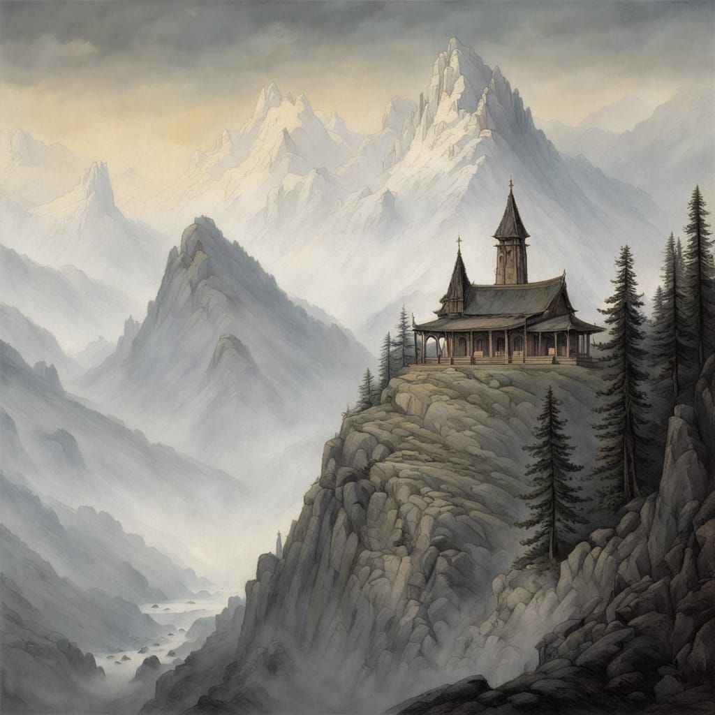 Mountain Monastery in Style of Caspar David Friedrich