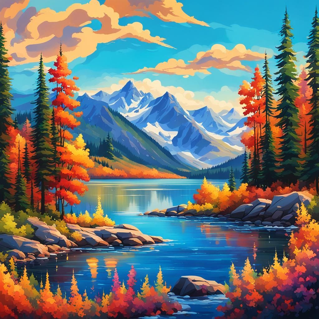 Vibrant Lake Scenery with Mountains and Lively Trees