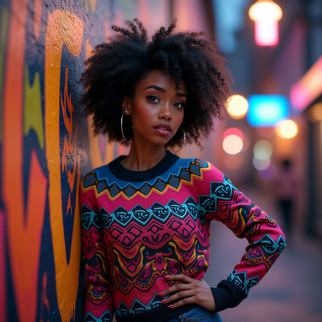 Confident Woman Poses in Graffiti Alley at Dusk