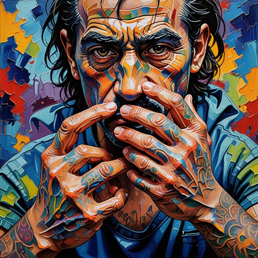 Expressionist Neo-Impressionist MS-13 Knuckle Tattoo Oil Pai...