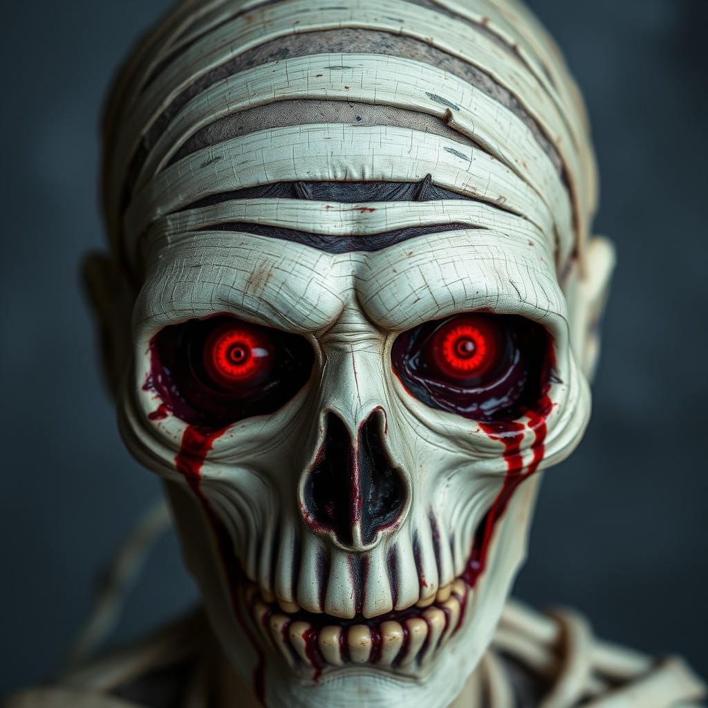 Egyptian Mummy Close-Up Portrait with Haunting Bleeding Eyes