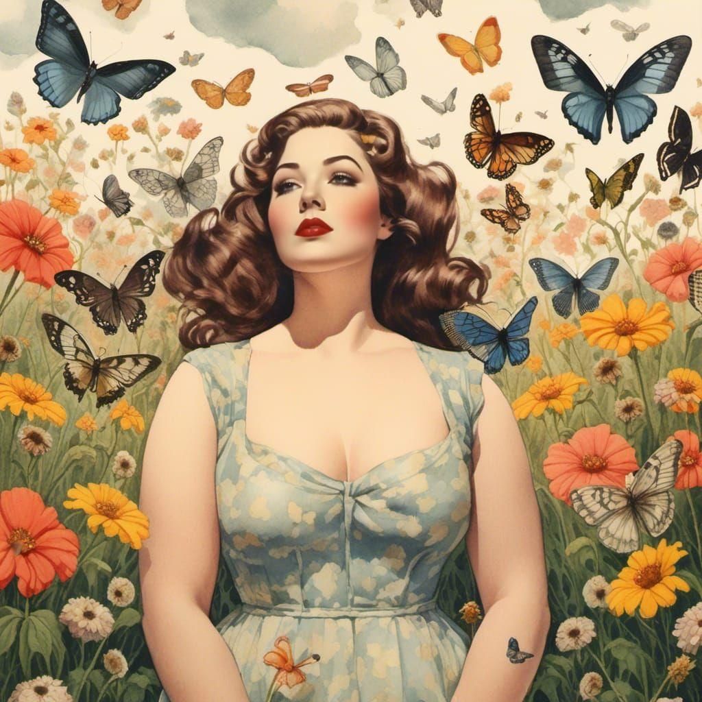 Vintage Woman in Butterfly Field: Watercolor Ink Painting