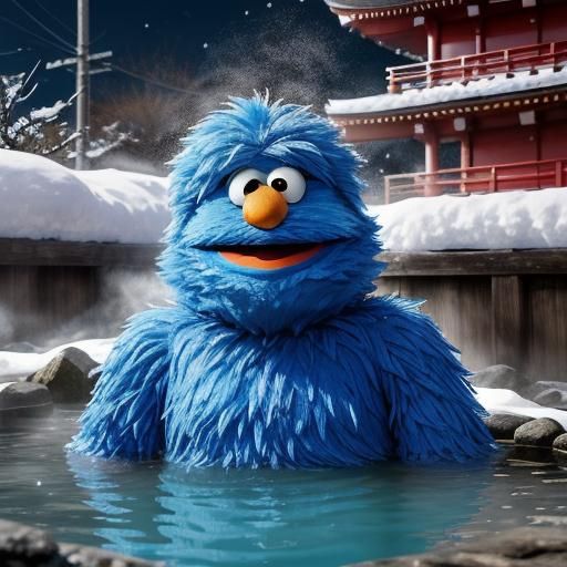 Super Grover in Japan Hot Springs: Hyperrealistic Art