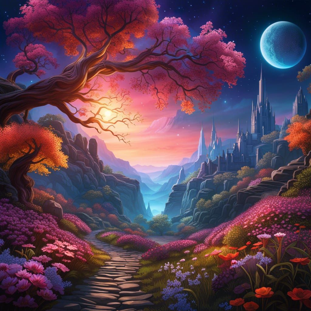Radiant Fantasy Garden Under a Cosmic Sky
