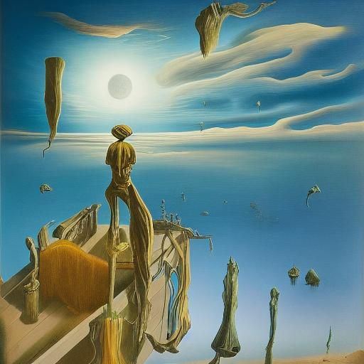 Surreal Human Face Floating in Ocean as Oil Painting