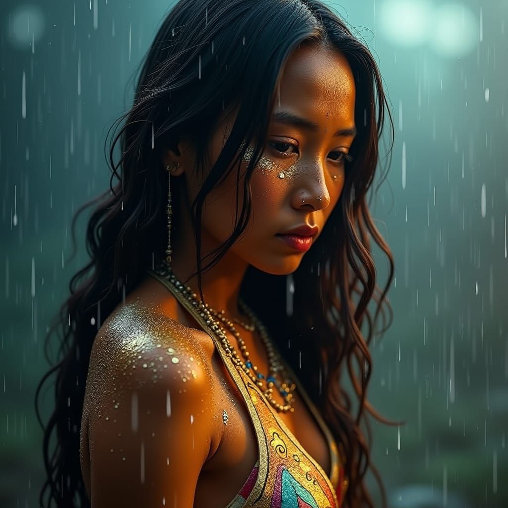Native American Woman in Rain with Golden Bodypaint