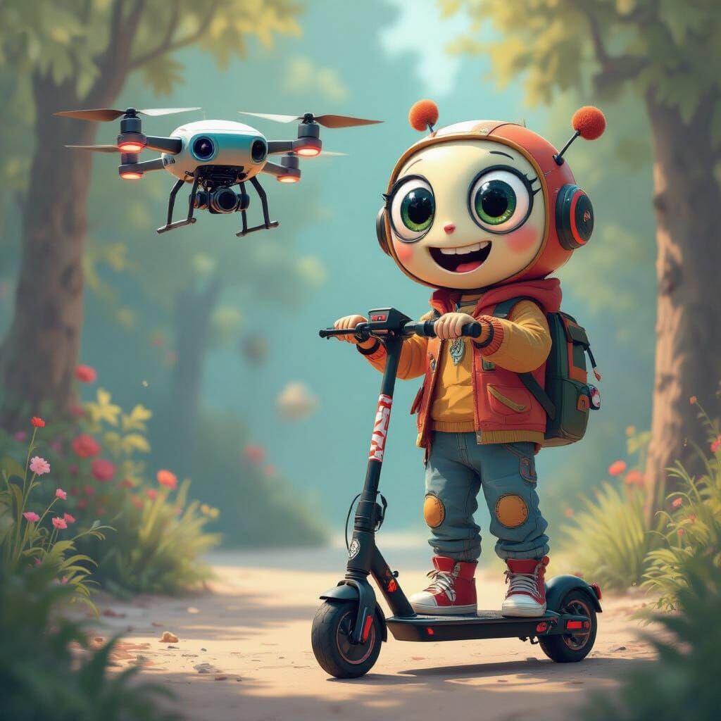 Whimsical Electric Scooter Cartoon Character Illustration