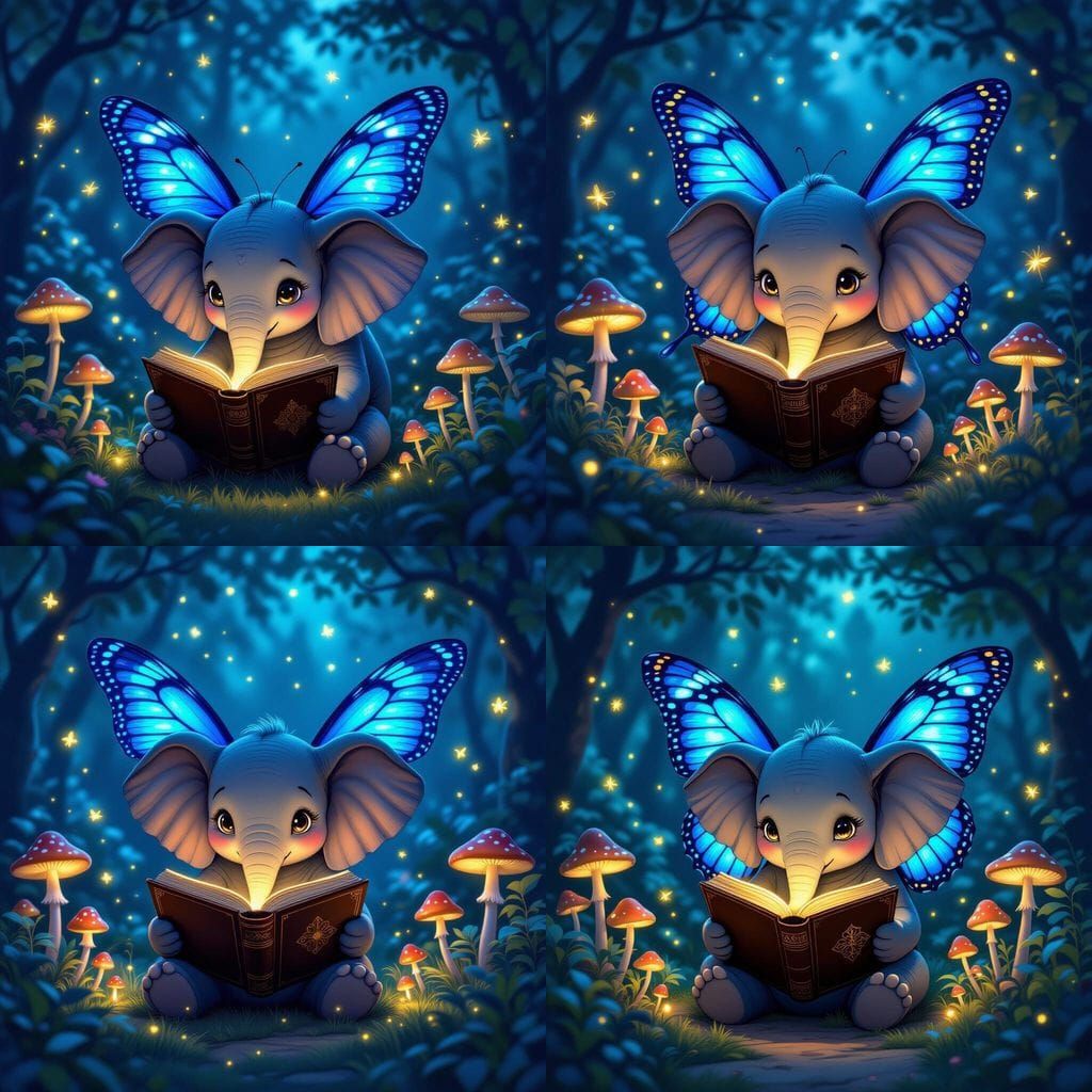 Enchanted Elephant Reads in Bioluminescent Garden