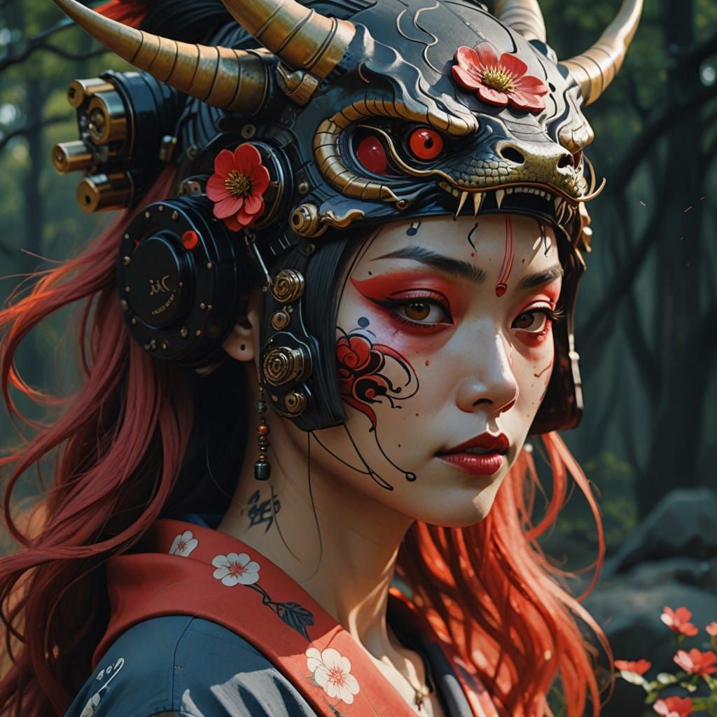 Surreal Neo-Japanese Goddess Unveiled in Vibrant Darkness