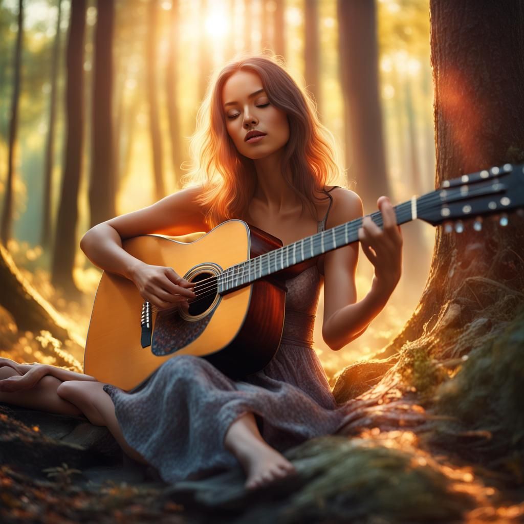 Woman Plays Guitar in Magical Sunlit Woods