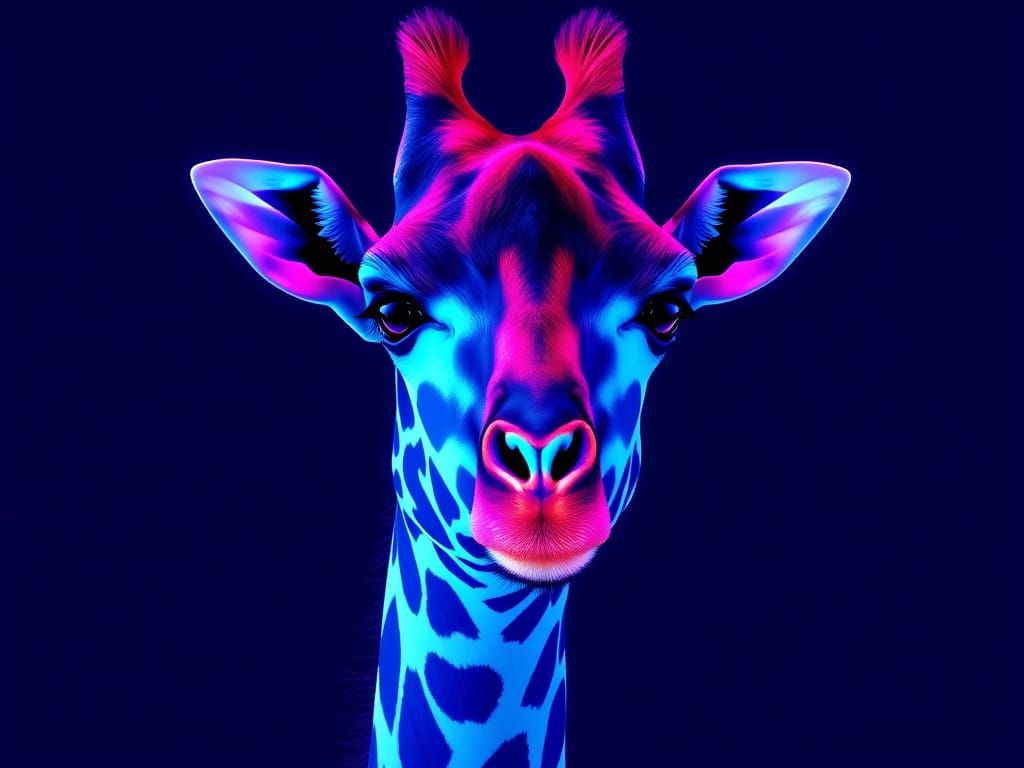 Ethereal Giraffe Devours Vibrant Pomegranate in Navy Blue Hu...