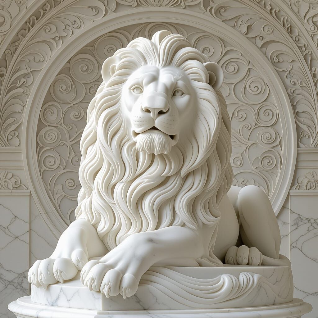 Art Nouveau Lion Sculpture in Carrara Marble