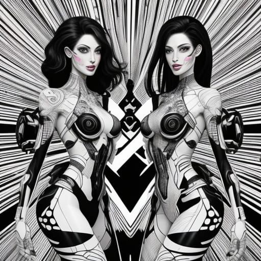 Abstract Line Art of Partying Women in Biopunk Style