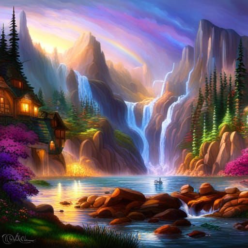 Rainbow Stained Glass Fantasy Landscape