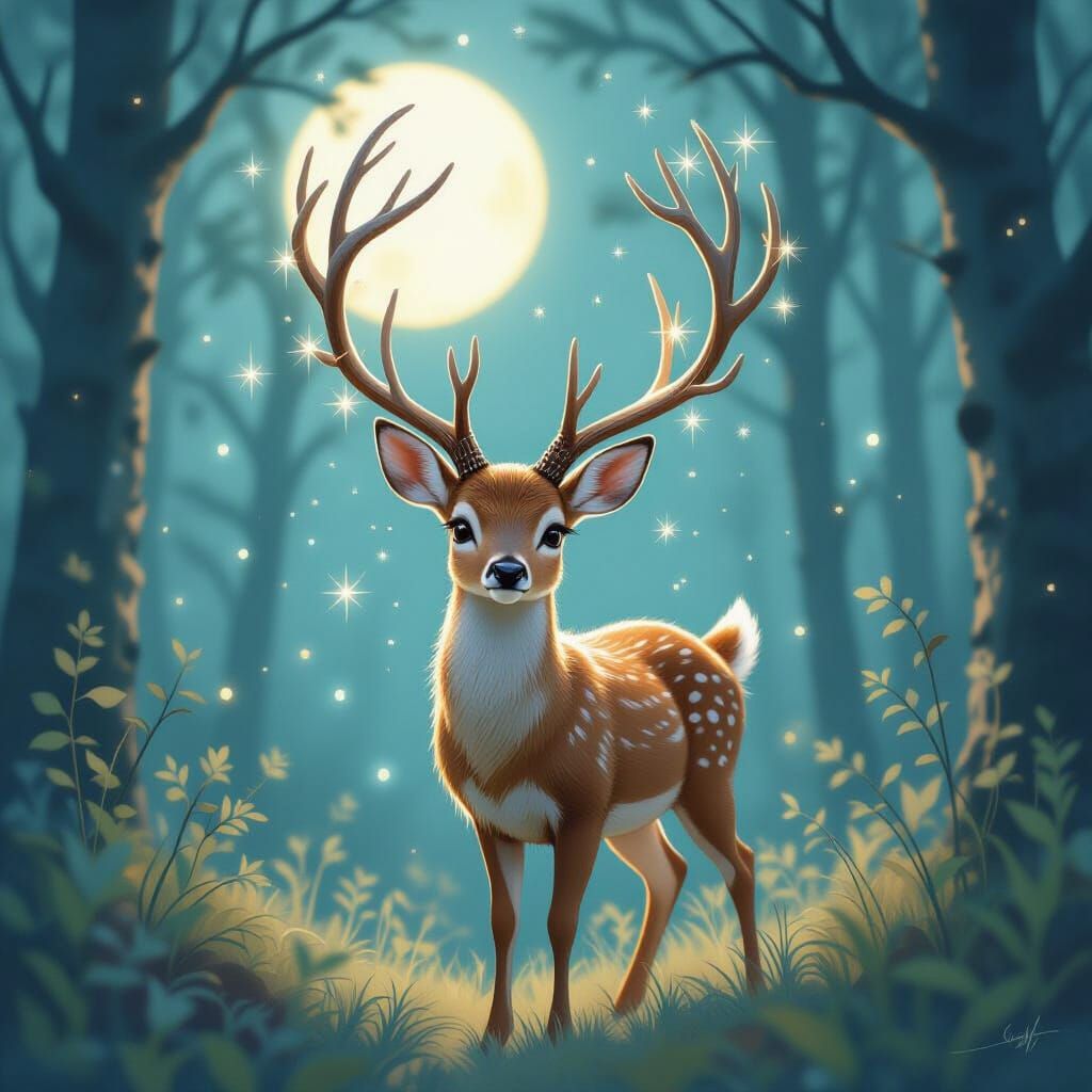 Ethereal Starlight Deer in Moonlit Forest