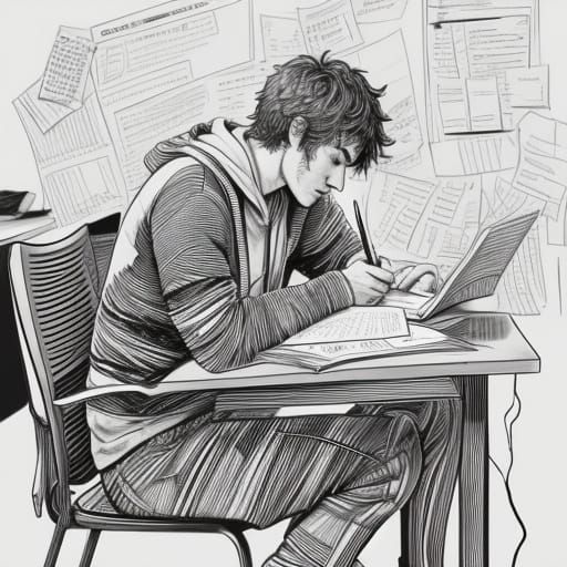 Student's Exam Night Stress in Expressive Line Art