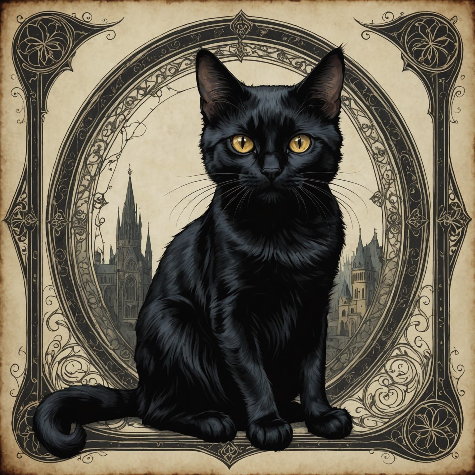 Gothic Black Cat Illustration