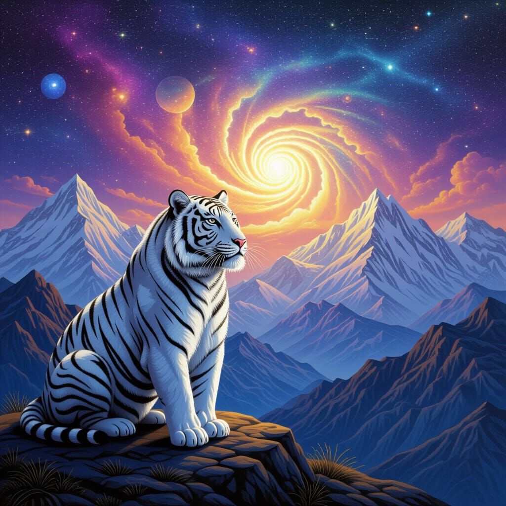 Strong Man With White Tiger in Mountains