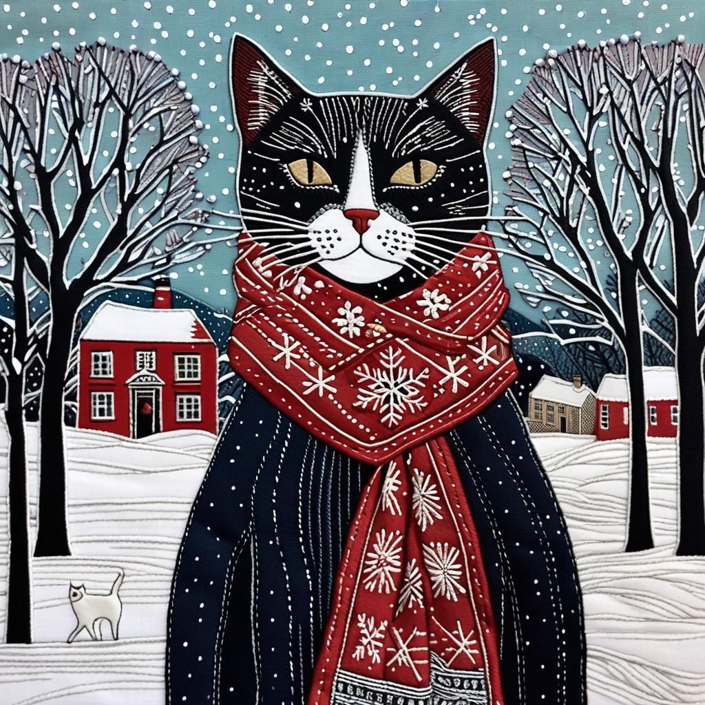 Cat in Scarf: Whimsical Embroidered Textile Art