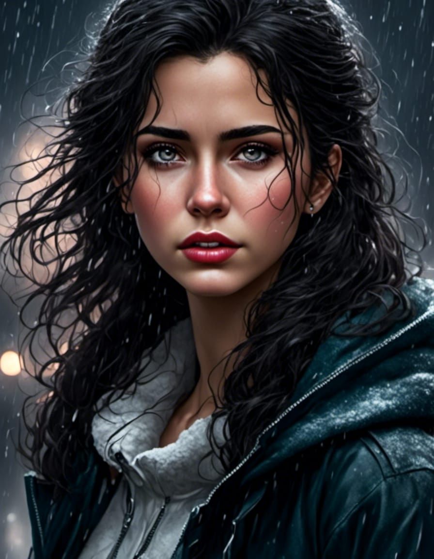 Melancholy Woman in Rain: Hyperrealistic Portrait