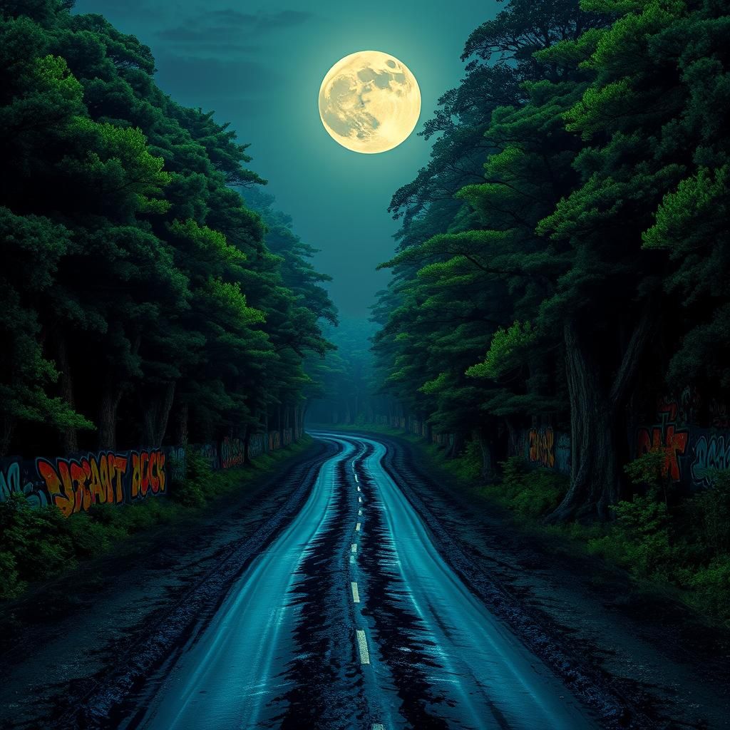 Moonlit Road Through Forest with Graffiti Art